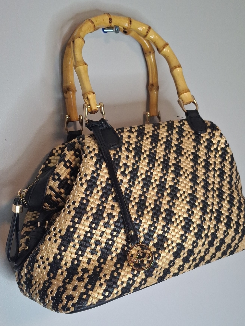 Luxury by CARPISA Woven Bamboo Handle Satchel in Black & Gold